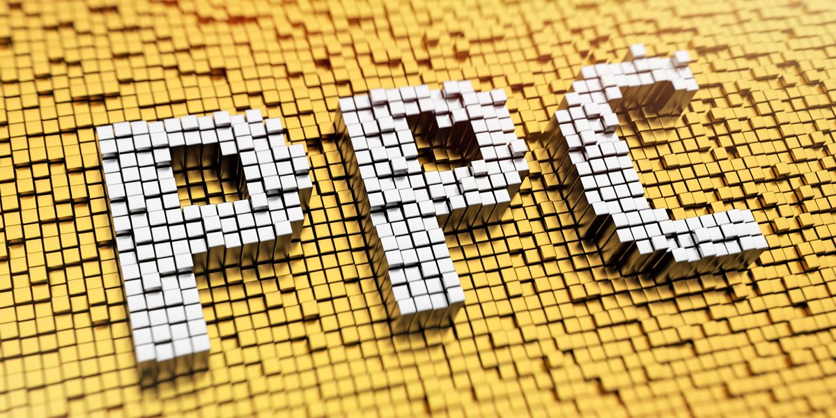 Pixelated acronym PPC made from cubes, mosaic pattern